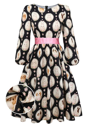 [Prévente] Robe noire col bateau et imprimé lapin chiot années 50