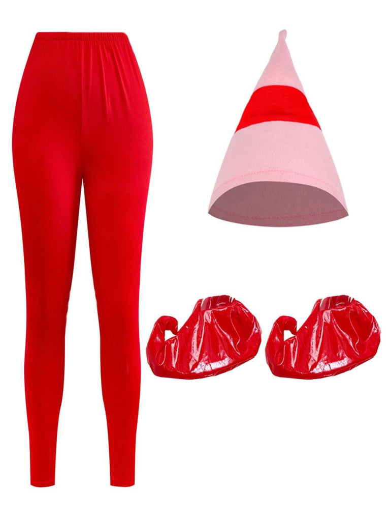 Ensemble robe rose à bordure peluche elfe de Noël années 1950