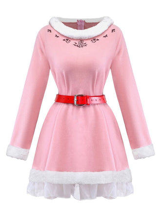 Ensemble robe rose à bordure peluche elfe de Noël années 1950
