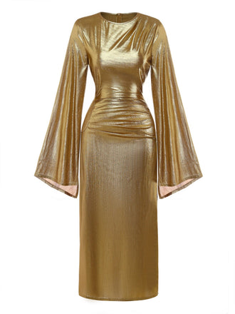 Robe à manches chauve-souris et taille froncée ornée de feuilles d'or années 1970