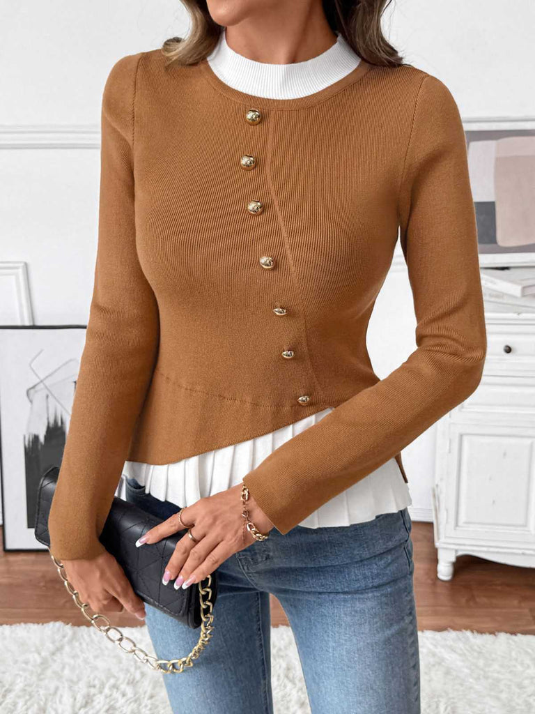 Haut en maille patchwork à boutons irréguliers marron des années 1970