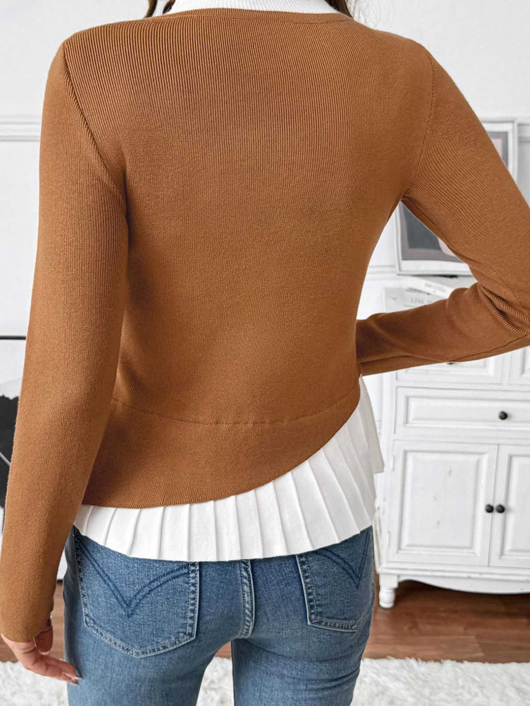 Haut en maille patchwork à boutons irréguliers marron des années 1970