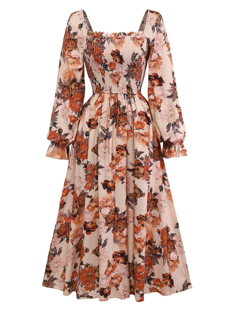 Robe multicolore fleurs manches smockées et cintrées années 1930