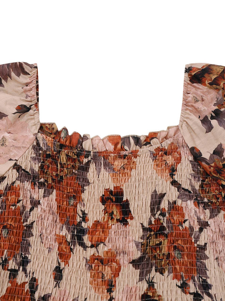 Robe multicolore fleurs manches smockées et cintrées années 1930
