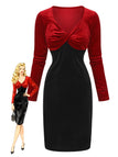 Robe moulanteen velours col en V torsadé rouge et noire des années 1960