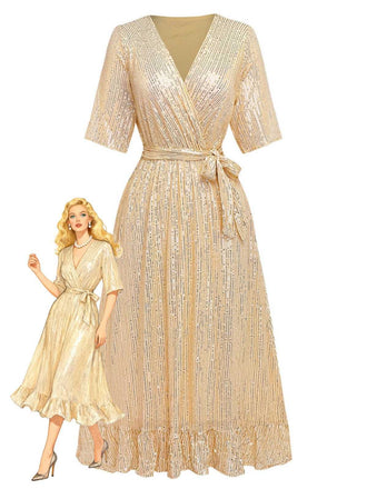 Robe col en V et ourlet à volants et paillettes des années 1930