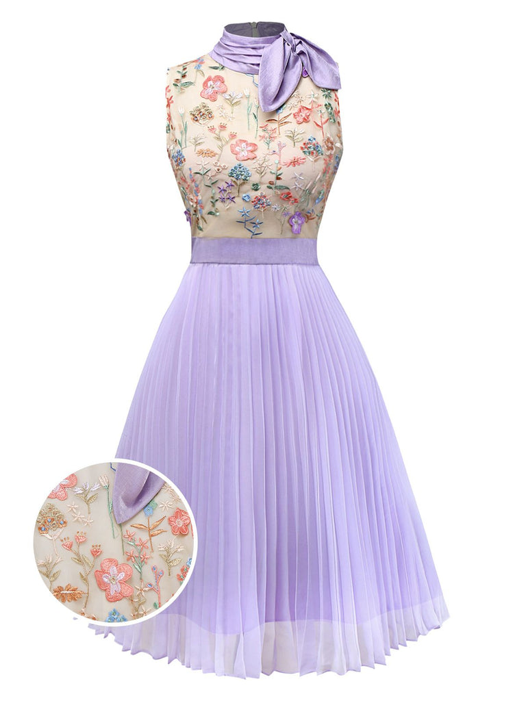 [Prévente] Robe Plissée Violette à Broderies Florales Années 1950