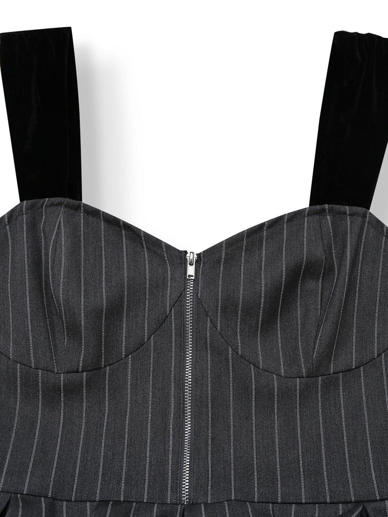 [Prévente] Robe à fines rayures grises ceinture à bretelles en velours années 50