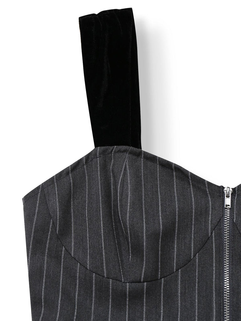 [Prévente] Robe à fines rayures grises ceinture à bretelles en velours années 50