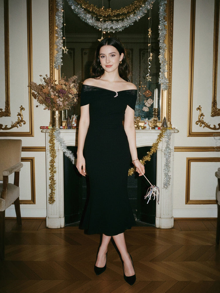 [Prévente] Robe sirène noire en résille épaules dénudées années 30