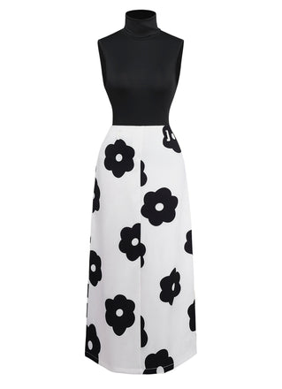 2PCS haut col roulé noir et jupe fleurie années 30