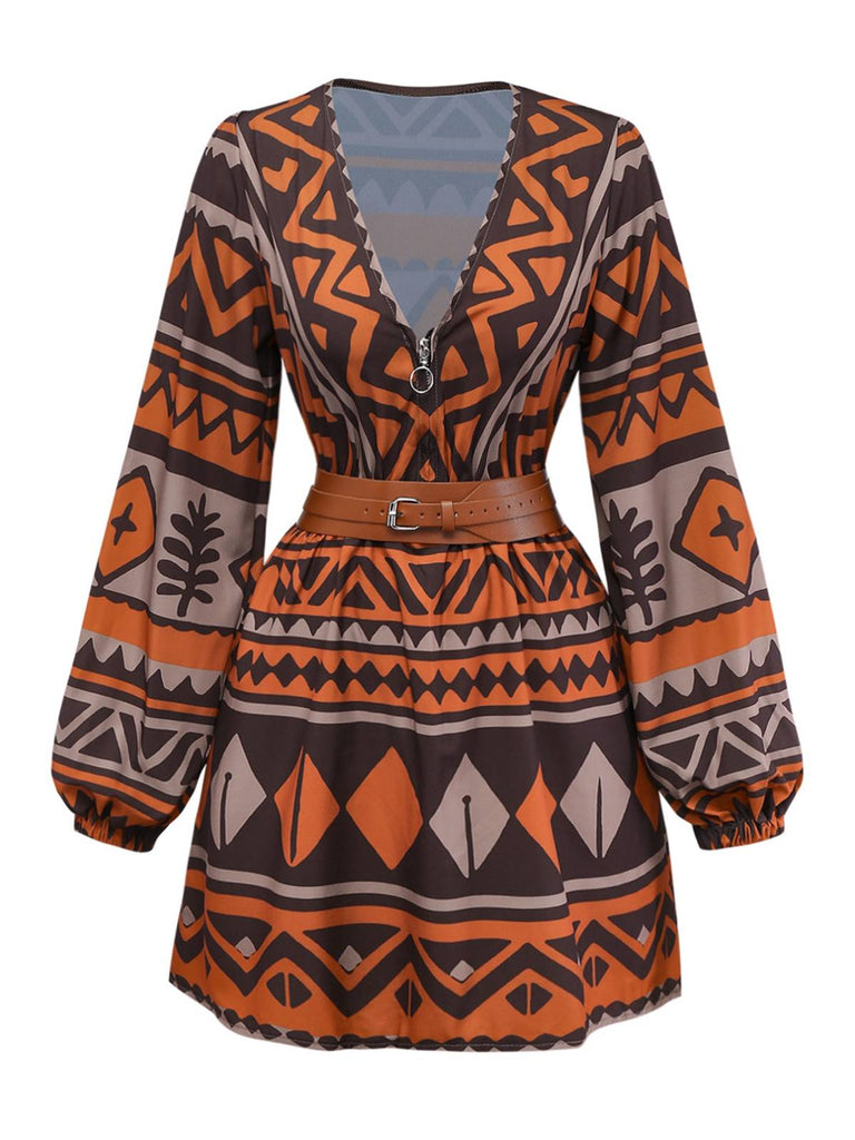 Robe bohème marron à imprimé tribal et décolleté en V profond style années 1970