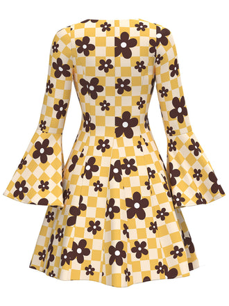 [Prévente] Robe jaune hippie à fleurs manches cloche des années 70