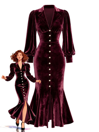 [Prévente] Robe sirène en velours rouge ornée de perles manches lanternes années 1930