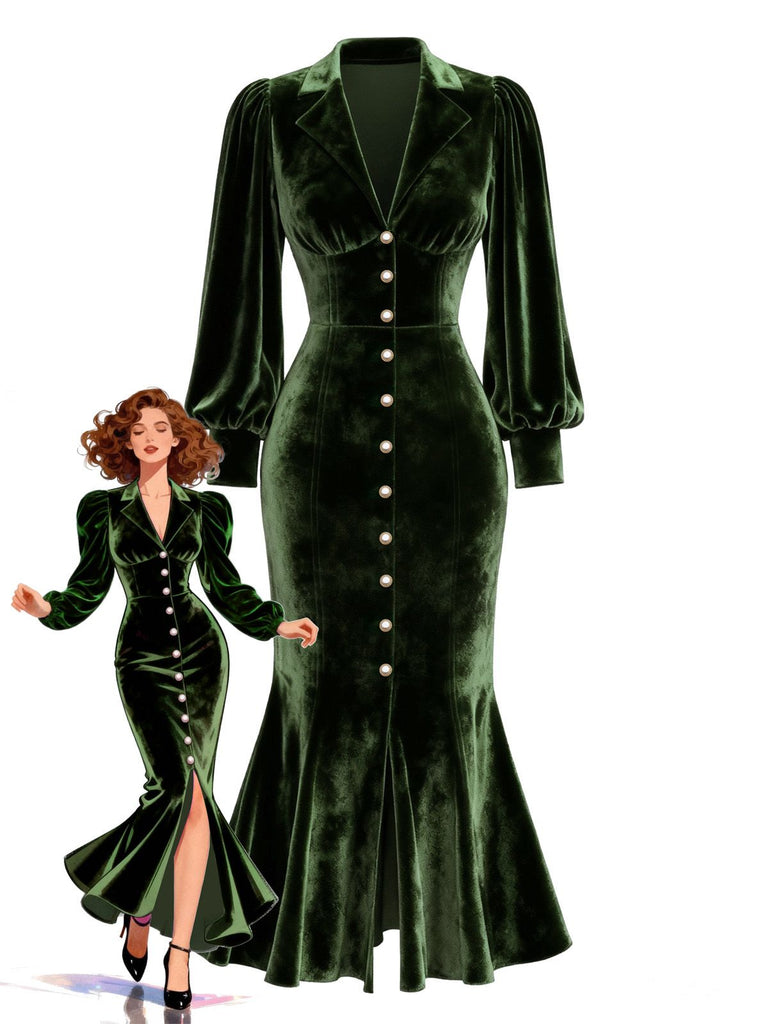 [Prévente] Robe sirène en velours rouge ornée de perles manches lanternes années 1930