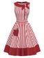 [Prévente] Robe rouge à rayures verticales col nœud avec poches pommes années 50