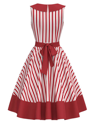 [Prévente] Robe rouge à rayures verticales col nœud avec poches pommes années 50