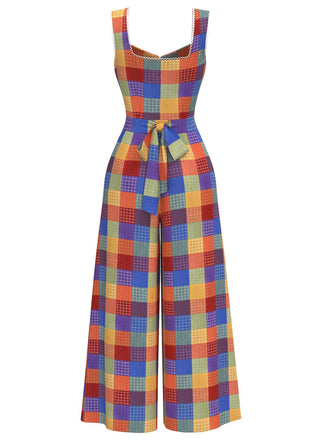 [Prévente] Combinaison à carreaux en coton à larges bretelles arc-en-ciel années 70