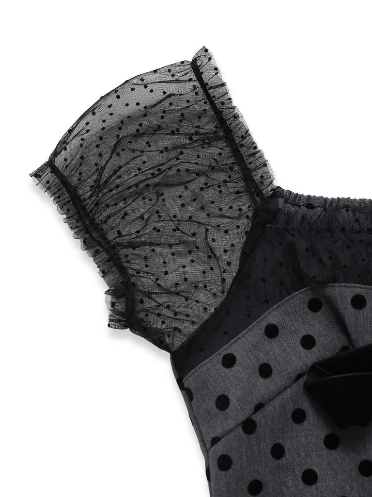 [Prévente] Robe Grise à Pois en Patchwork de Maille et Nœud Papillon Années 1960