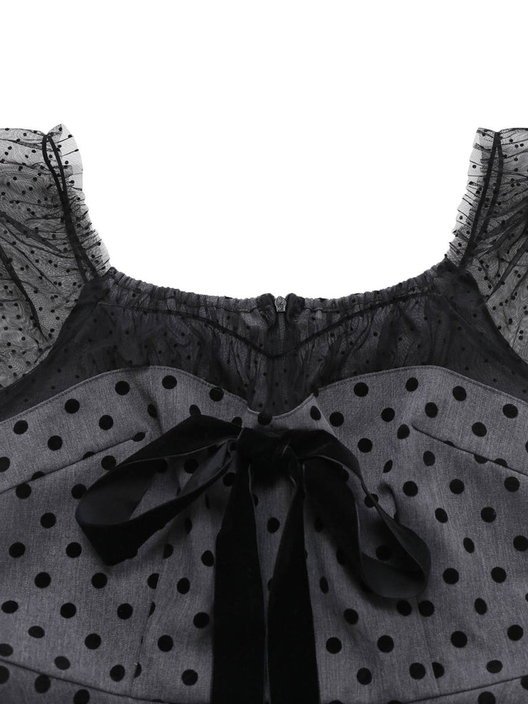 [Prévente] Robe Grise à Pois en Patchwork de Maille et Nœud Papillon Années 1960