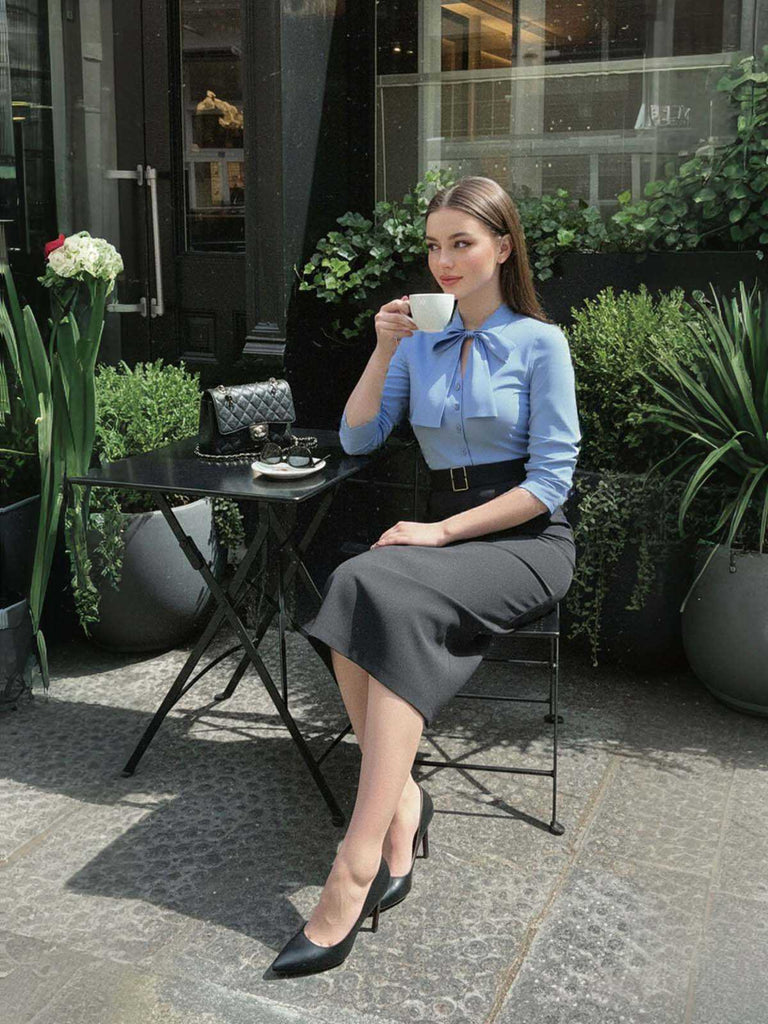 [Prévente] Robe Crayon Bleue à Ceinture et Nœud Papillon Années 1930