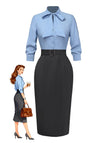 [Prévente] Robe Crayon Bleue à Ceinture et Nœud Papillon Années 1930