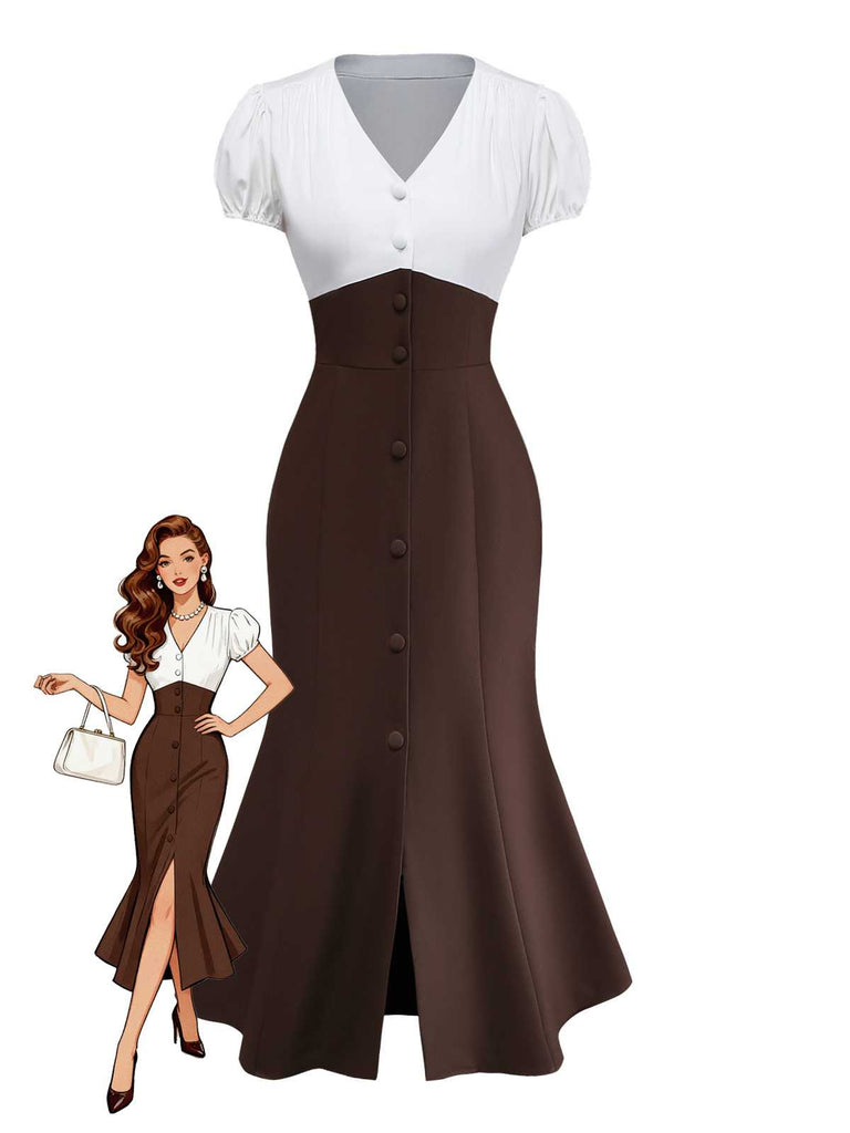 [Prévente] Robe sirène à col en V colorblock et fente boutonnée années 30