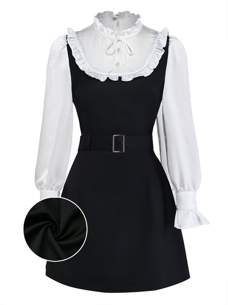 [Prévente] Robe Patchwork Noire à Volants Ceinture Nœud Papillon Année 1960