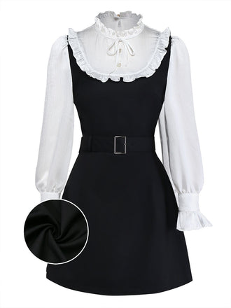 [Prévente] Robe Patchwork Noire à Volants Ceinture Nœud Papillon Année 1960