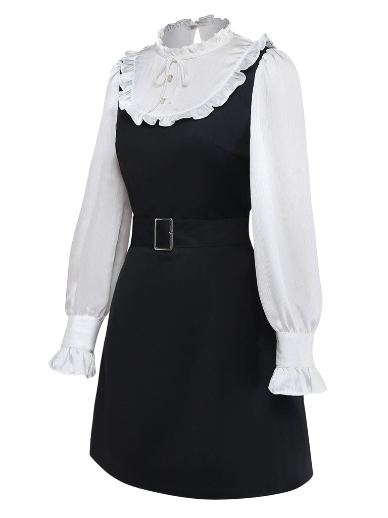 [Prévente] Robe Patchwork Noire à Volants Ceinture Nœud Papillon Année 1960