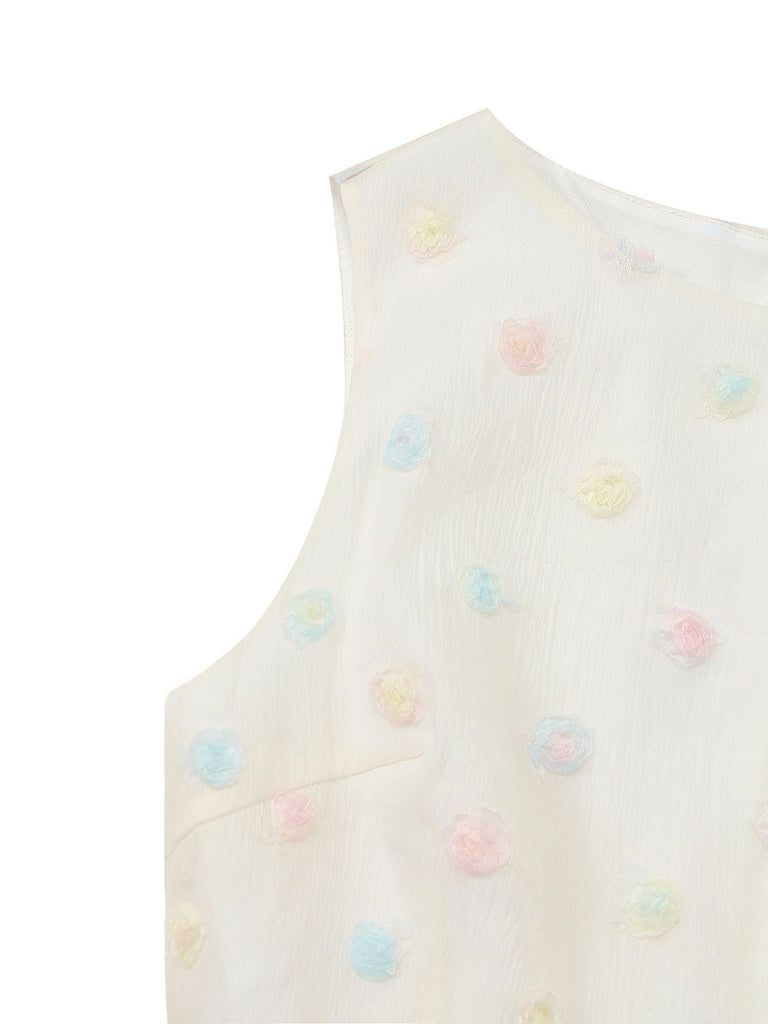 [Prévente] Robe blanche pois floraux 3D et ceinture nœud années 50