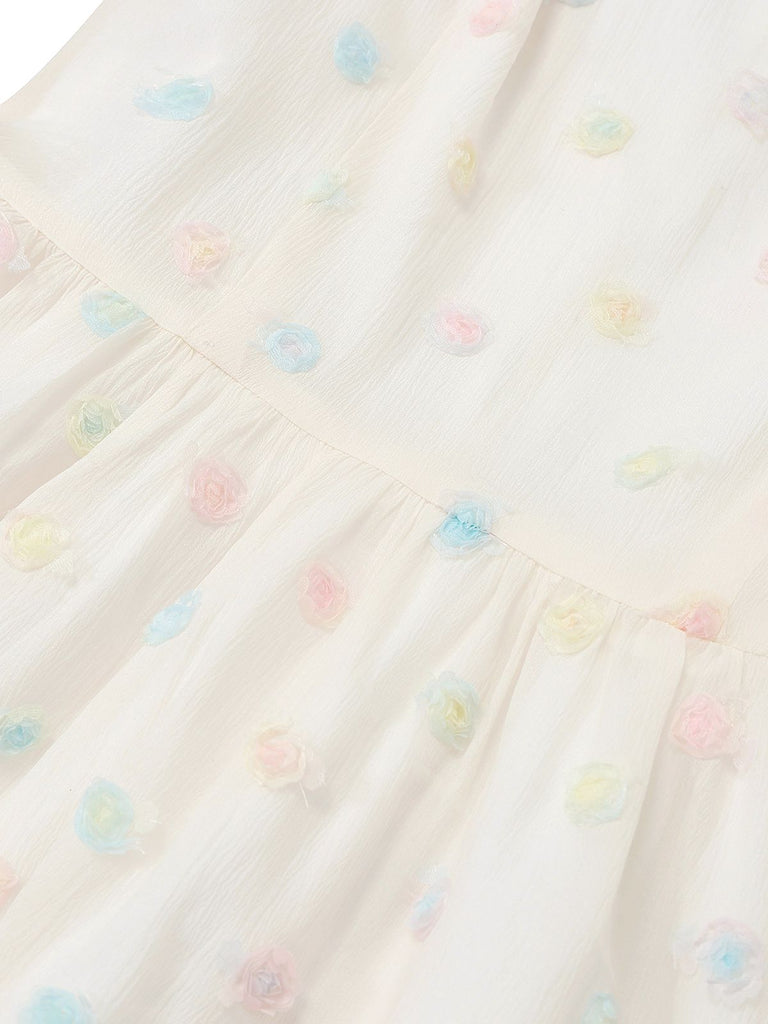 [Prévente] Robe blanche pois floraux 3D et ceinture nœud années 50