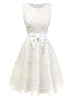 [Prévente] Robe blanche pois floraux 3D et ceinture nœud années 50