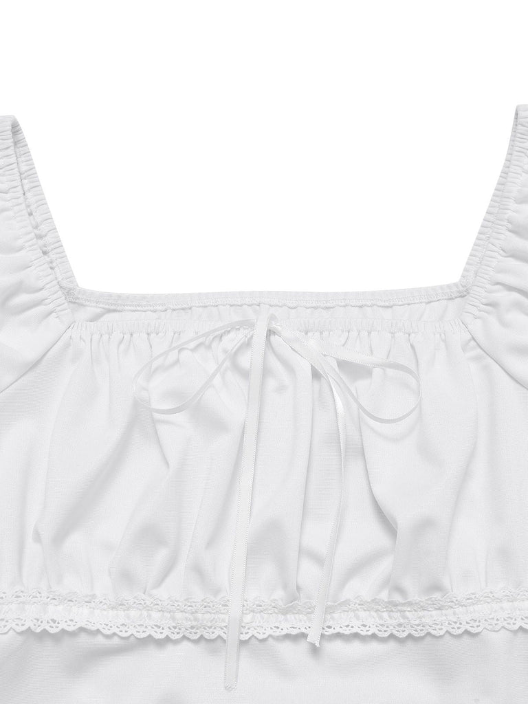 [Prévente] Haut Blanc Dentelle Ruchée Manches Bouffantes Col Carré Années 1940