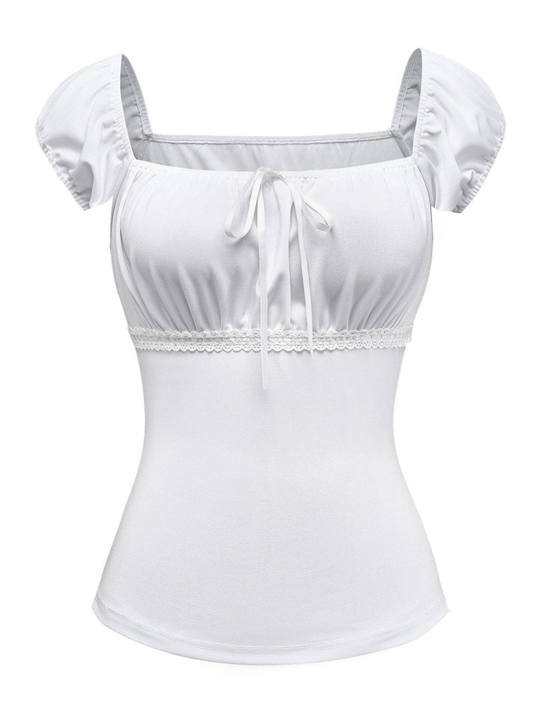 [Prévente] 2PCS Ensemble Haut Blanc Dentelle Ruchée Jupe Jean Bleue Nœud Années 1940