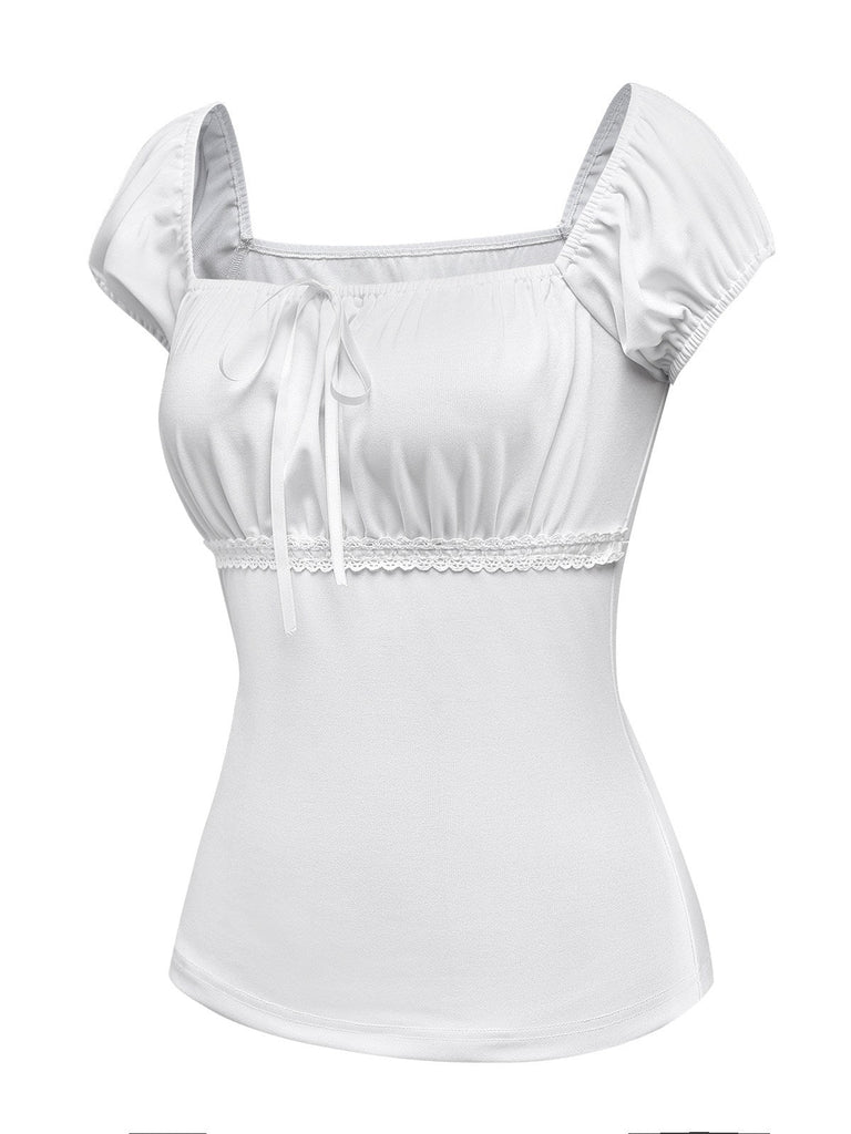 [Prévente] 2PCS Ensemble Haut Blanc Dentelle Ruchée Jupe Jean Bleue Nœud Années 1940