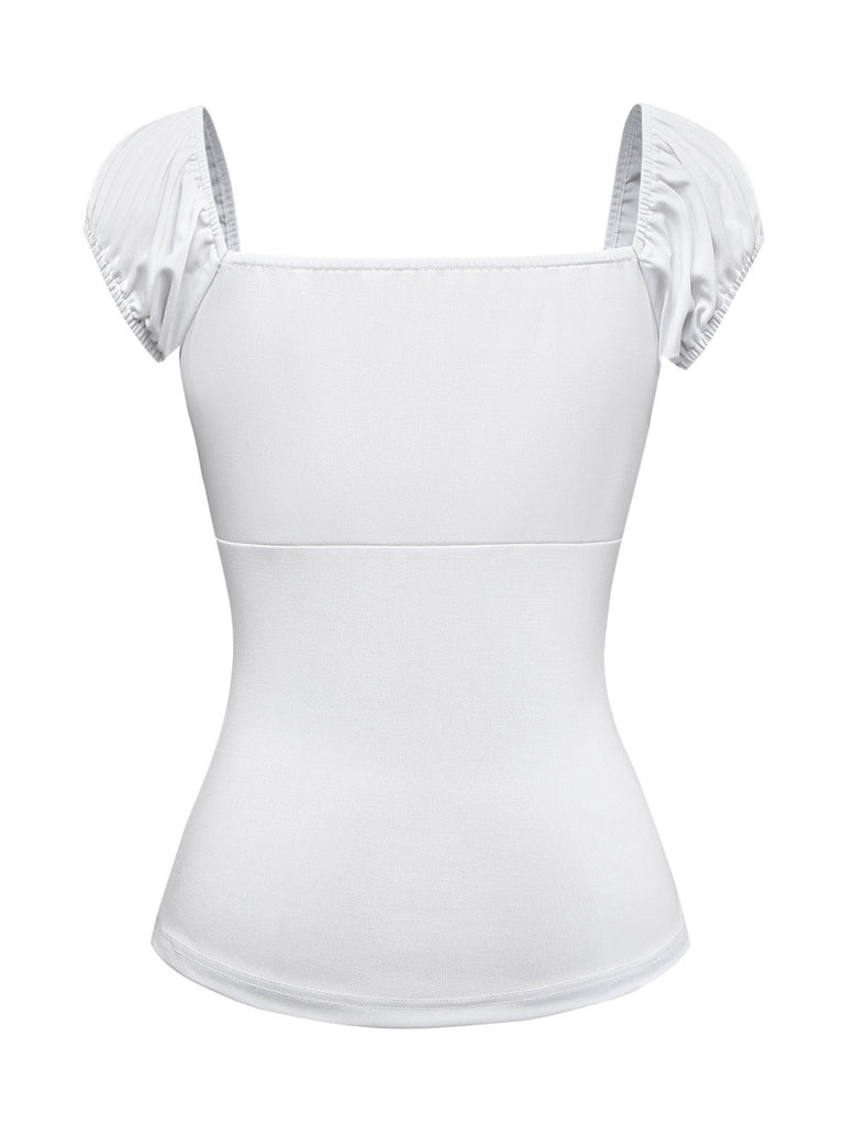 [Prévente] 2PCS Ensemble Haut Blanc Dentelle Ruchée Jupe Jean Bleue Nœud Années 1940