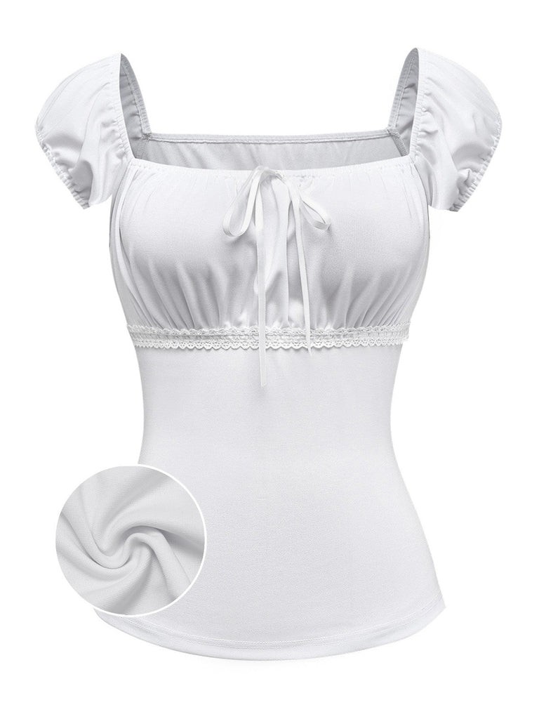 [Prévente] Haut Blanc Dentelle Ruchée Manches Bouffantes Col Carré Années 1940