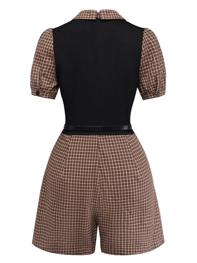 [Prévente] Combishort marron carreaux en maille avec revers sur le côté et ceinture années 1940
