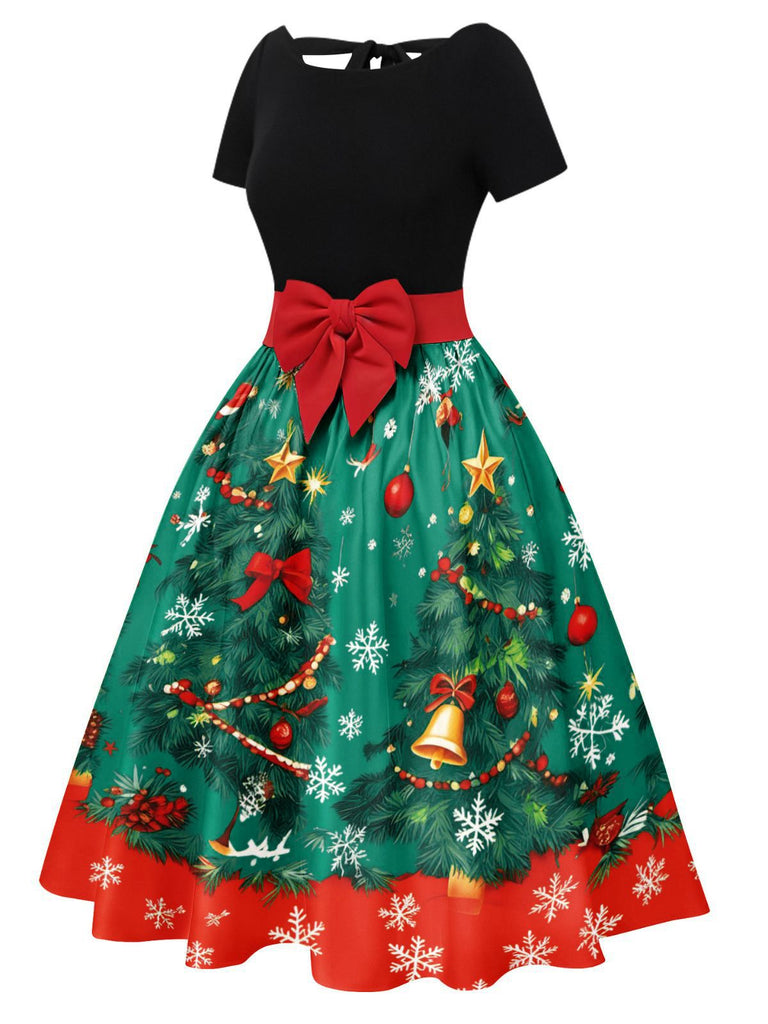Robe trapèze à nœud et patchwork sapin de Noël années 1950