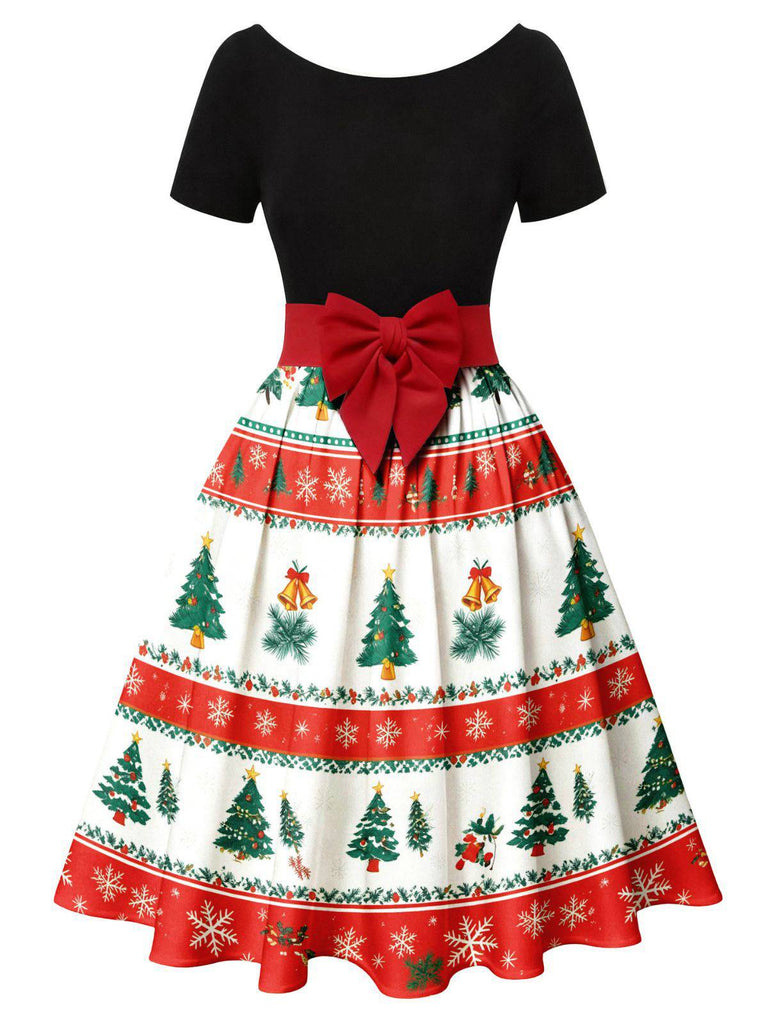 Robe trapèze à nœud et patchwork sapin de Noël années 1950