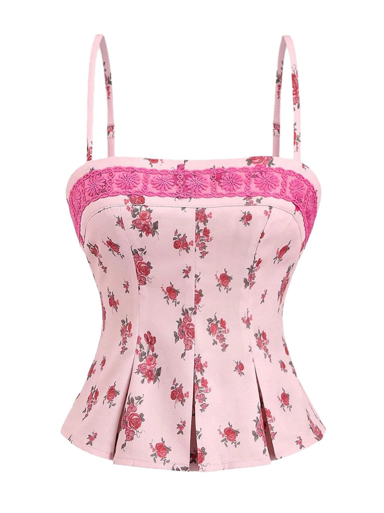 Camisole plissée en patchwork de dentelle florale rose années 1960