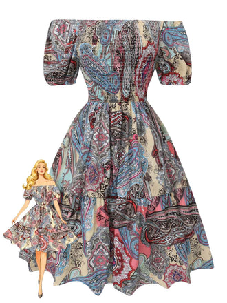 Robe Bouffante Multicolore Bohème Paisley Smockée Années 1970