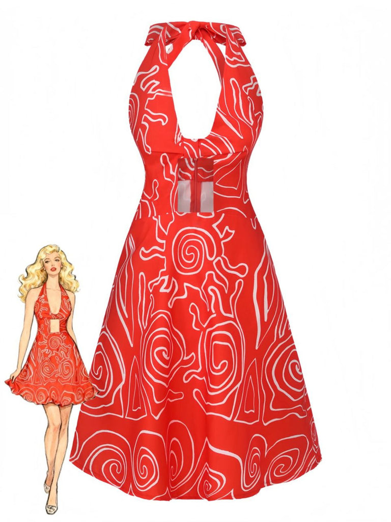 Robe dos nu rouge à imprimé abstrait découpes et torsades années 1960