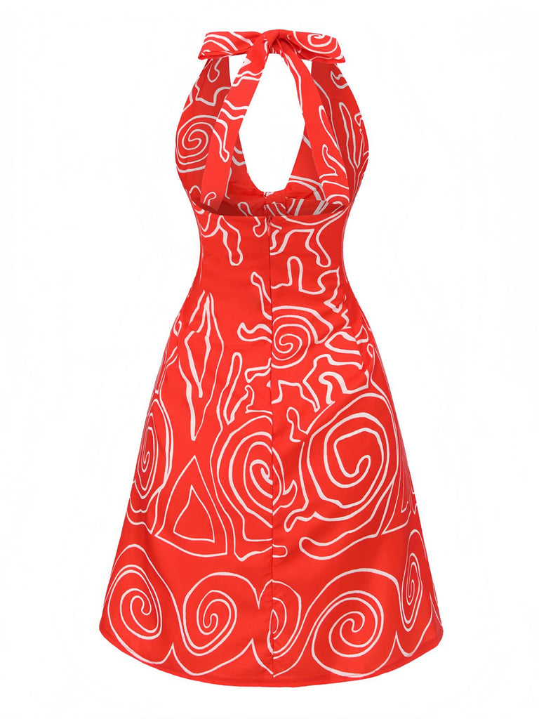 Robe dos nu rouge à imprimé abstrait découpes et torsades années 1960