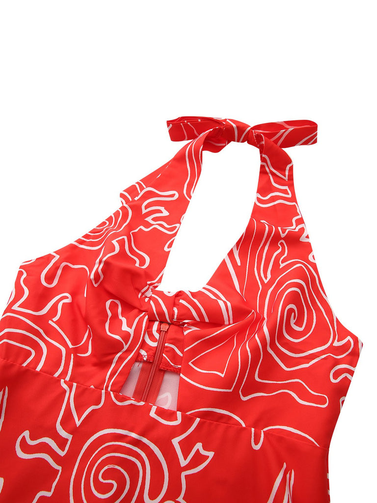 Robe dos nu rouge à imprimé abstrait découpes et torsades années 1960