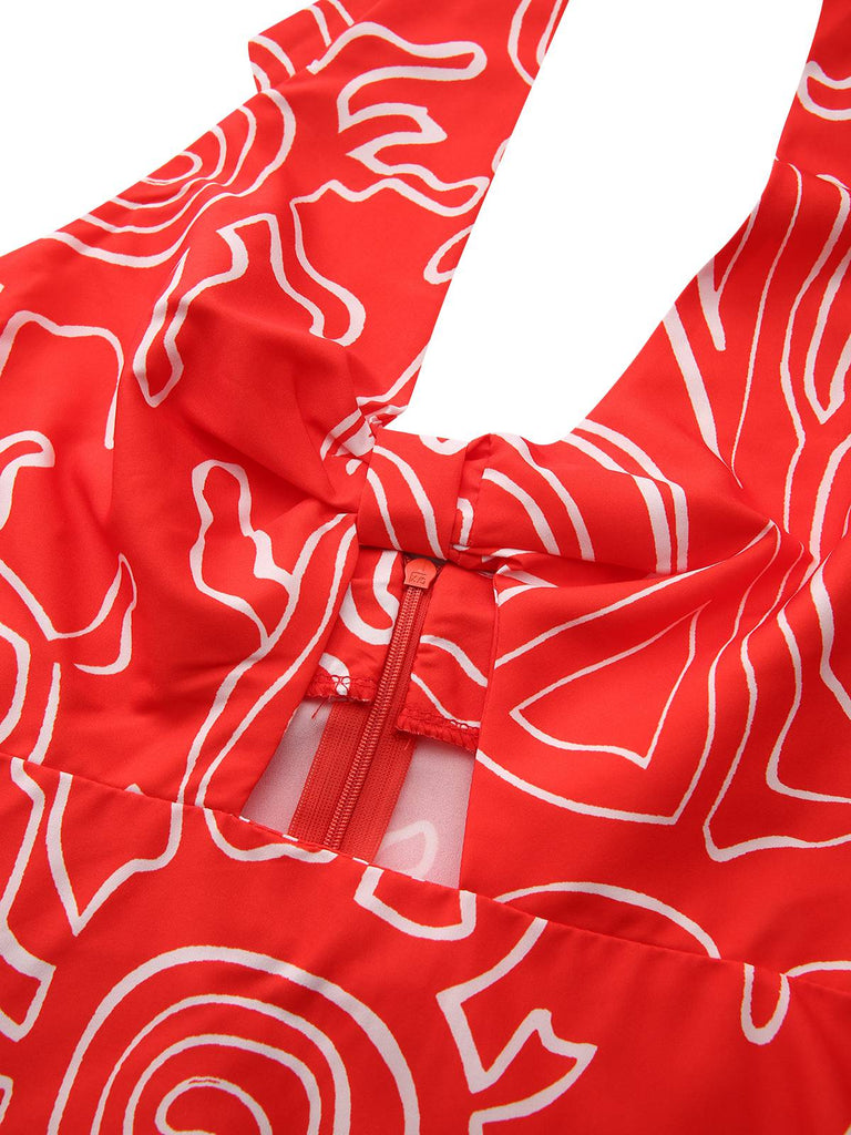 Robe dos nu rouge à imprimé abstrait découpes et torsades années 1960