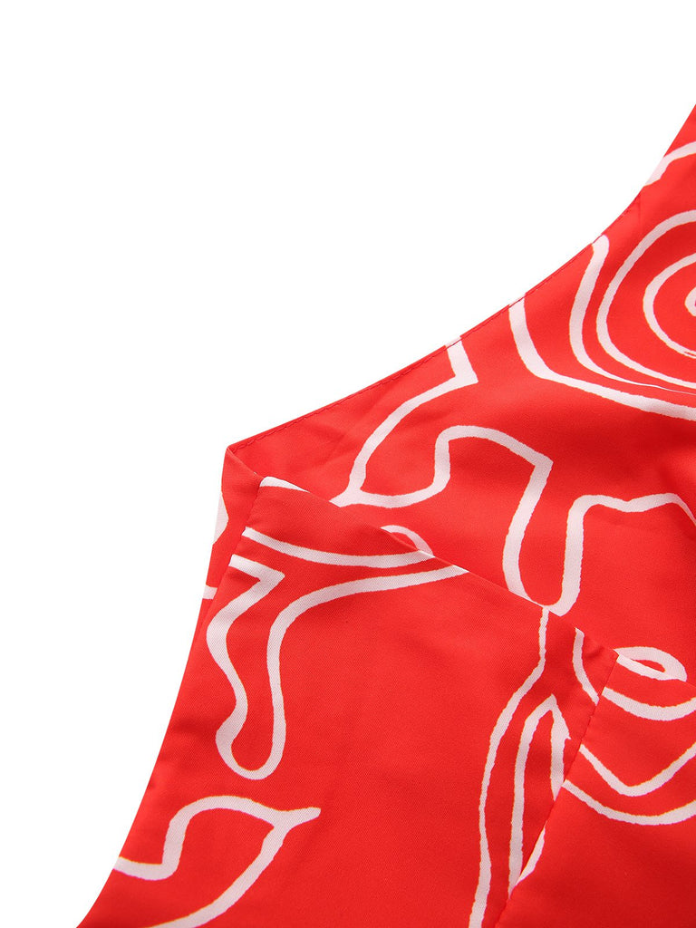 Robe dos nu rouge à imprimé abstrait découpes et torsades années 1960