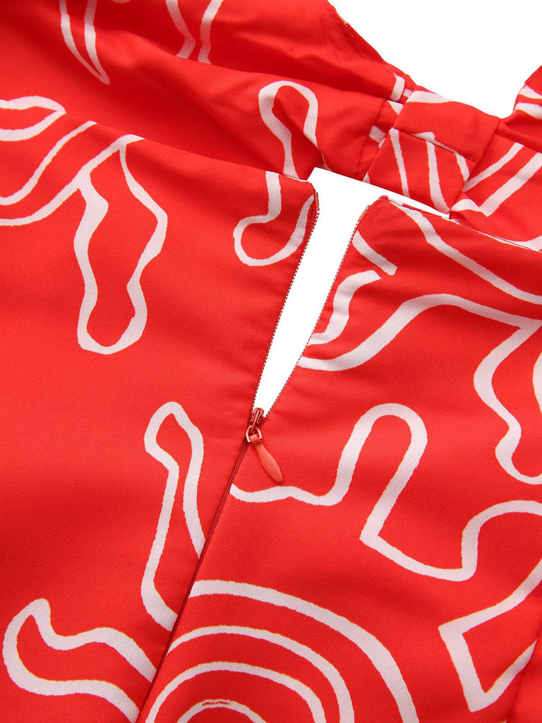 Robe dos nu rouge à imprimé abstrait découpes et torsades années 1960