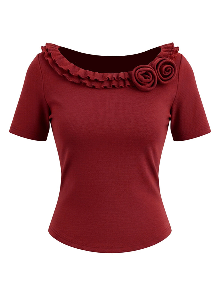[Prévente] 2PCS haut rouge en maille et jupe à pois à volants roses années 50